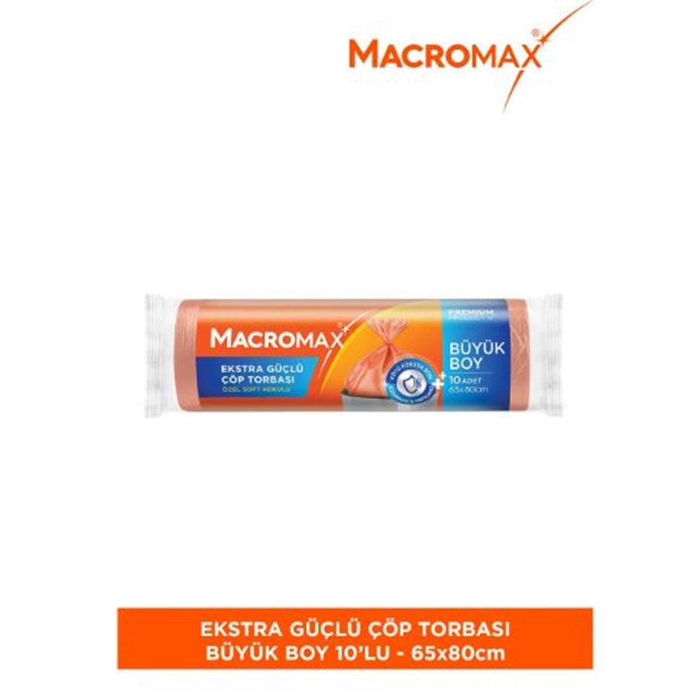 MACROMAX Ekstra Güçlü ÇÖP TORBASI Çöp POŞETİ Büyük Boy (65x80 cm), Soft Kokulu 10 lu