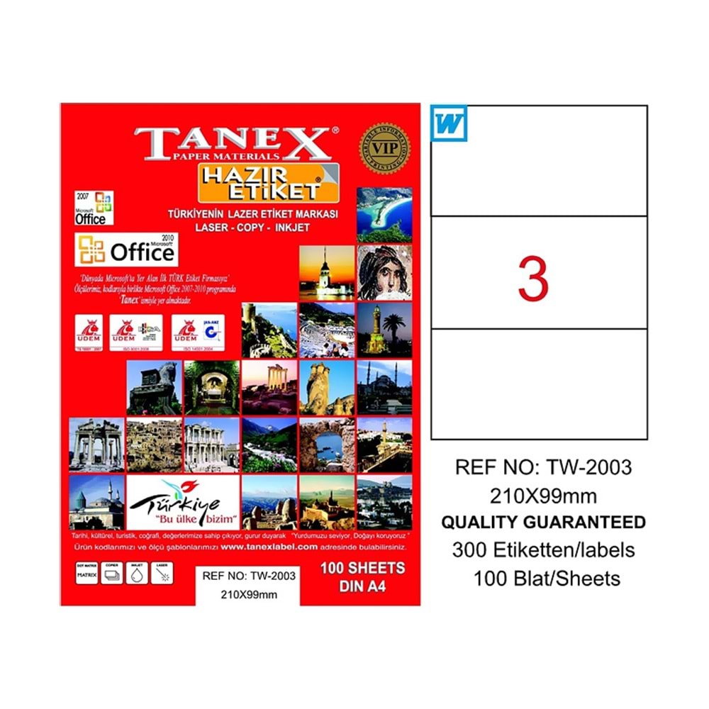 Tanex Laser Etiket 100 Lü TW-2003 210X99mm