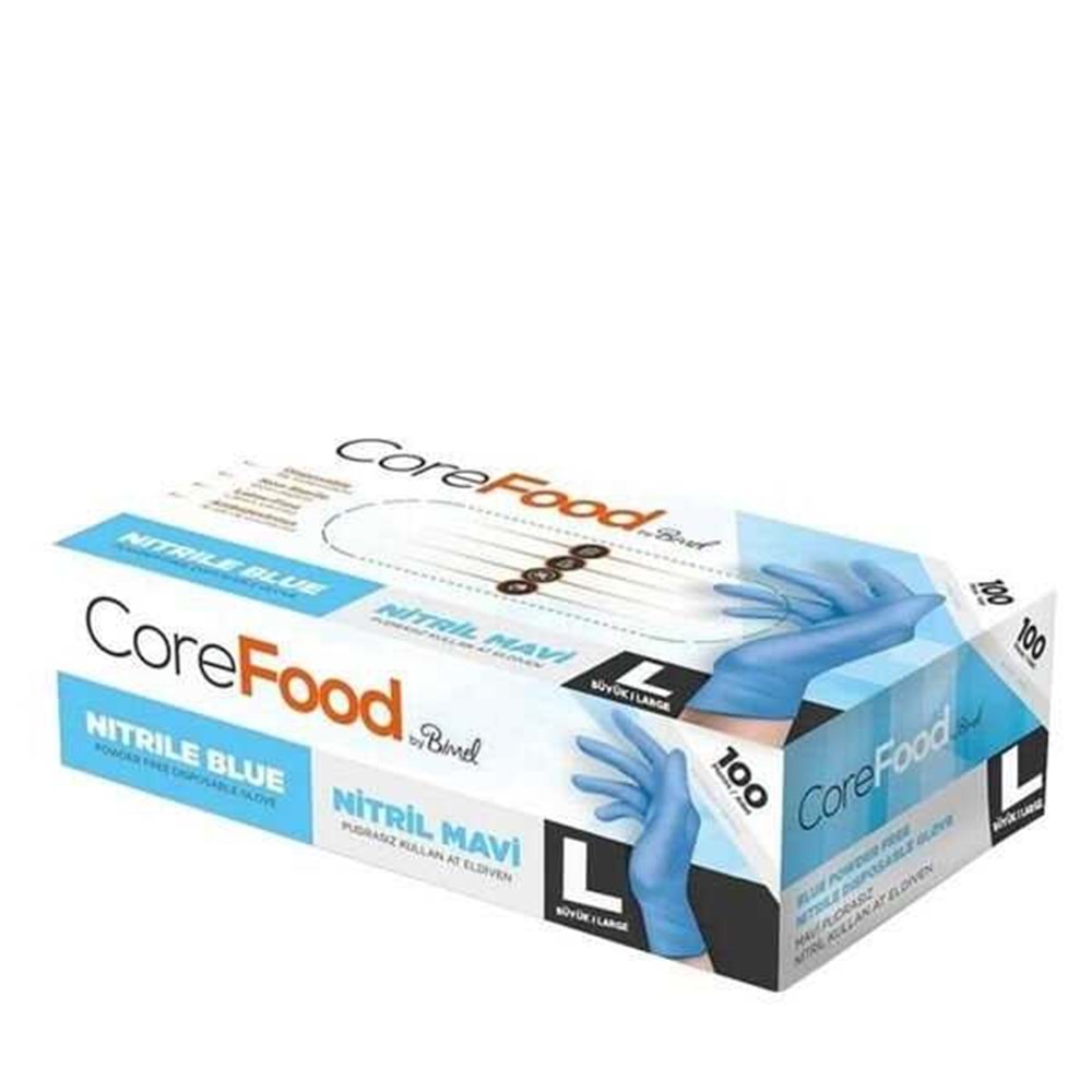 COREFOOD PUDRASIZ MUAYENE ELDİVENİ NİTRİL MAVİ L BEDEN 100 lü