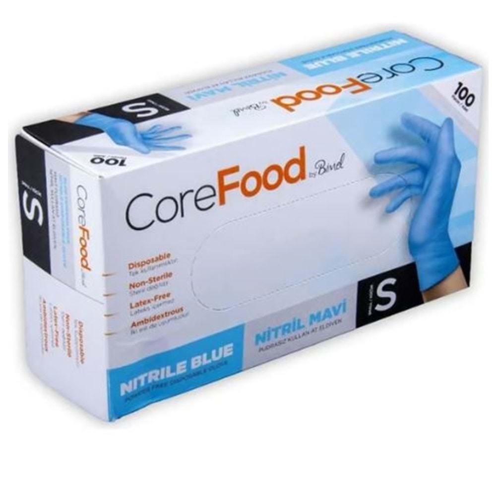 COREFOOD PUDRASIZ NİTRİL MAVİ ELDİVEN S BEDEN 100LÜ