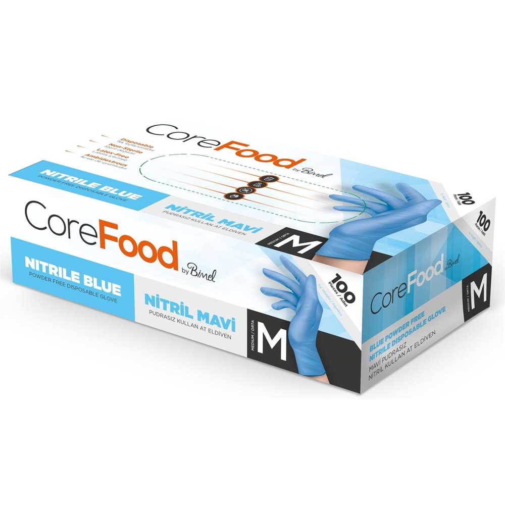 COREFOOD PUDRASIZ NİTRİL MAVİ ELDİVEN M BEDEN 100 LÜ