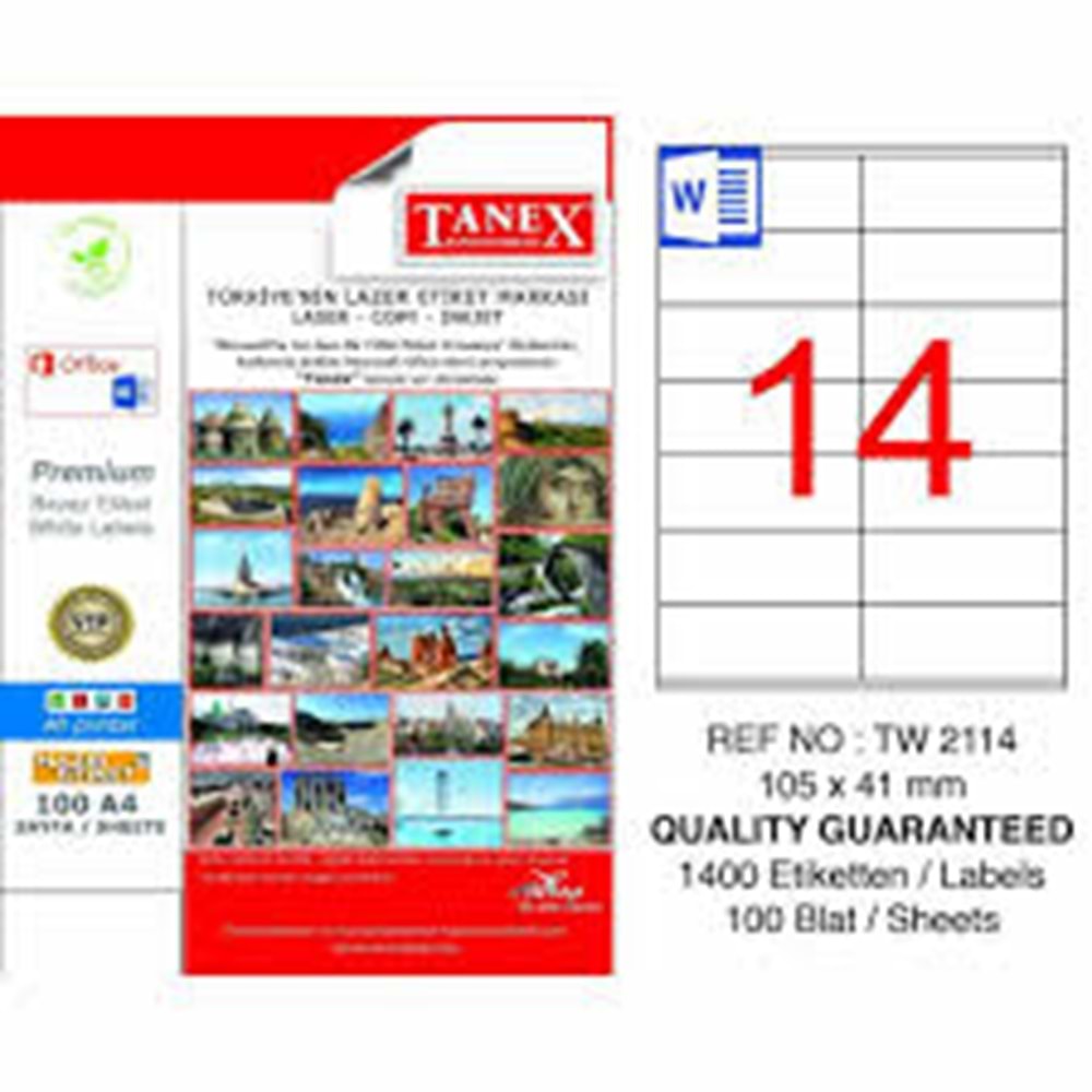 Tanex Lazer Etiket 100Lü TW-2114 105X41mm TW2114LAS10100 0537