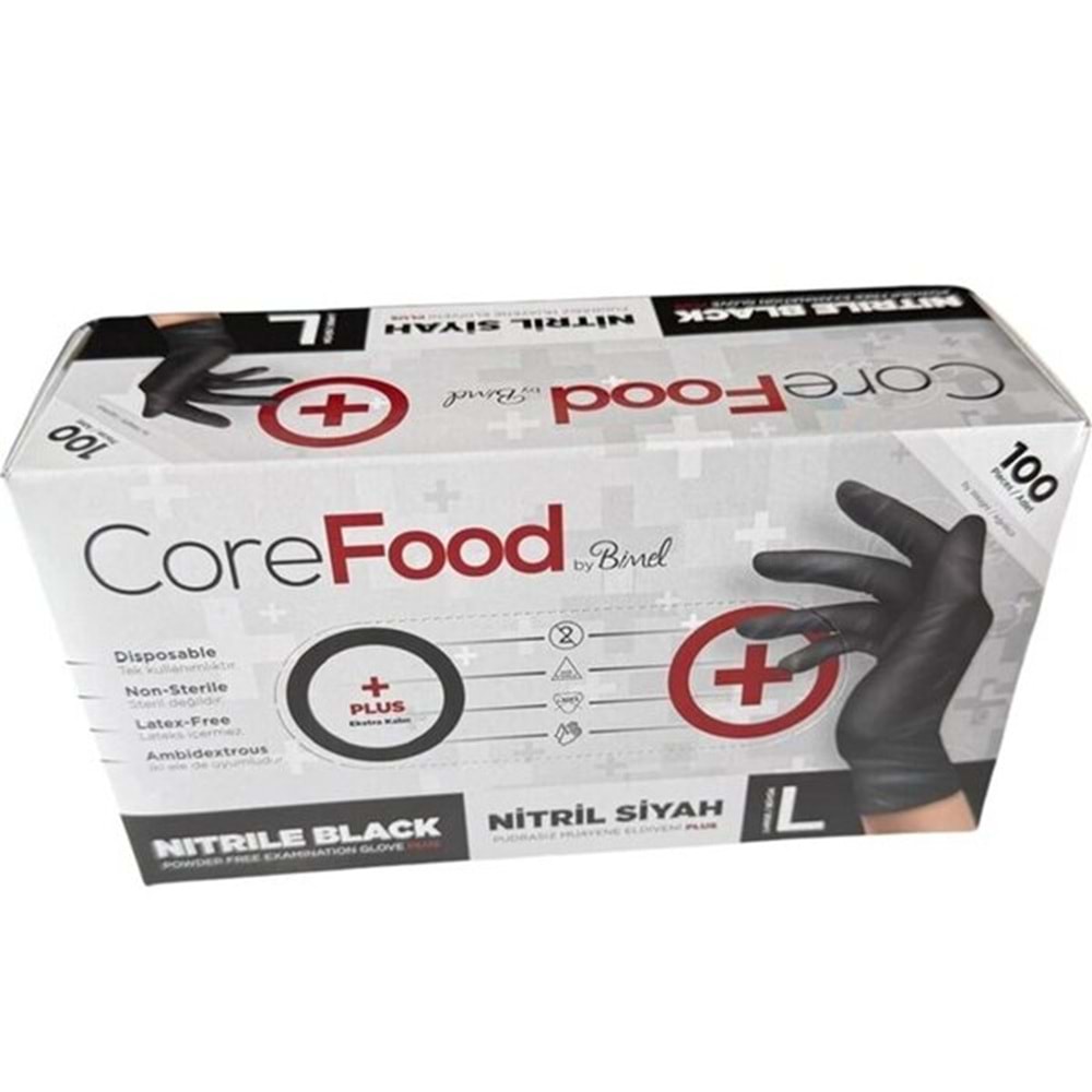 CoreFood Siyah Nitril L Eldiven 100 lü Paket Pudrasız