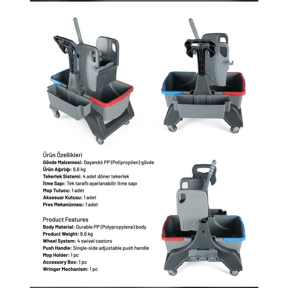 KALİTELİ KIRILMAZ TEMİZLİK ARABASI ÇİFT KOVALI TEM.SET. PLASTİK PRES PLASTİK GÖVDE