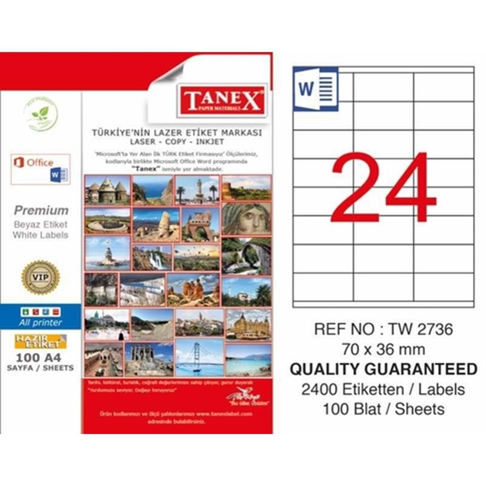 Tanex Laser Etiket 100 Lü 70X36mm TW-2736 TW2736LAS10100 1435