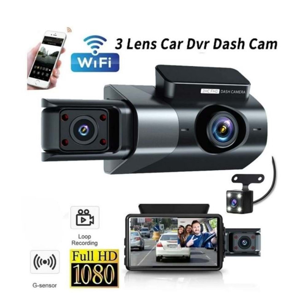 BLİC BLM-87 ARAÇ KAMERASI 3'' EKRAN + WİFİ + SES + FULLHD + ÜÇ KAMERA +170 DERECE GENİŞ AÇI