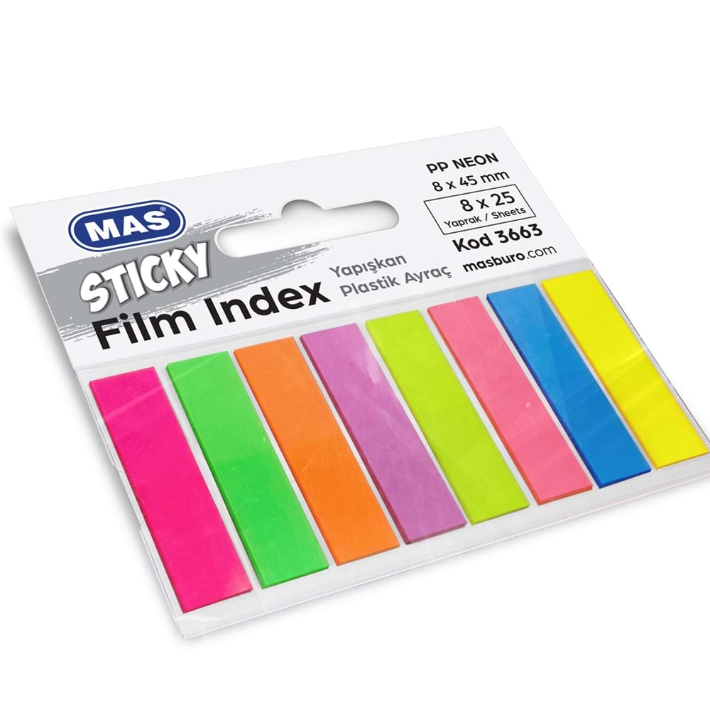 Mas Film İndeks Plastik Ayraç 8X45 8 Renk Kod3663 6304 6328