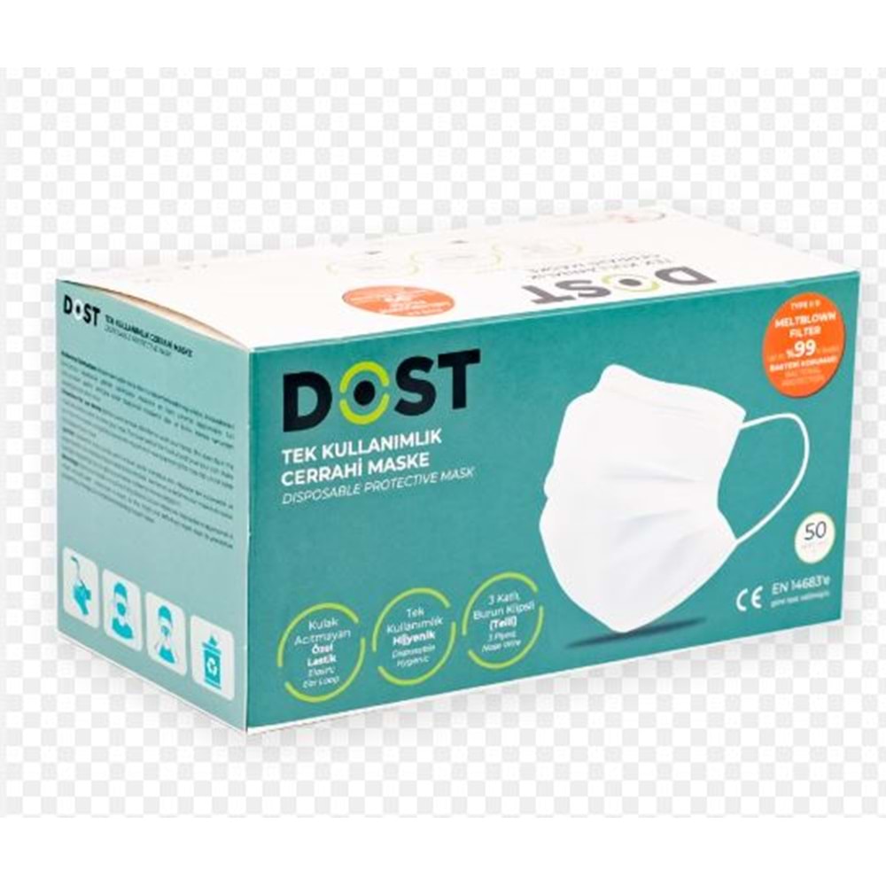 DOST TEK KULLANIMLIK CERRAHİ MASKE BEYAZ 50 Lİ