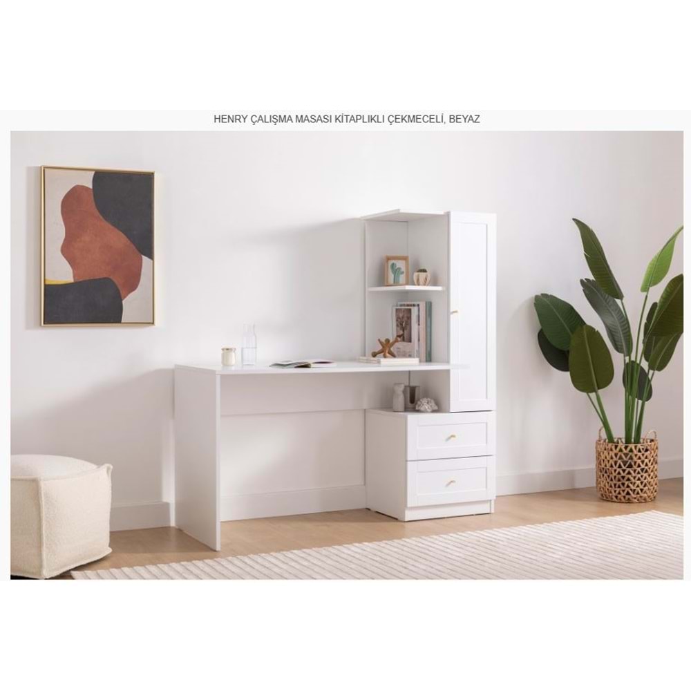 HENRY ÇALIŞMASI MASASI KİTAPLIKLI ÇEKMECELİ BEYAZ
