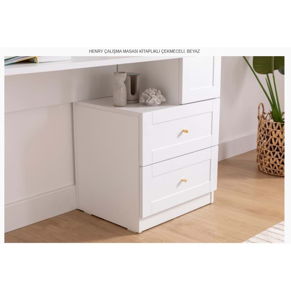 HENRY ÇALIŞMASI MASASI KİTAPLIKLI ÇEKMECELİ BEYAZ