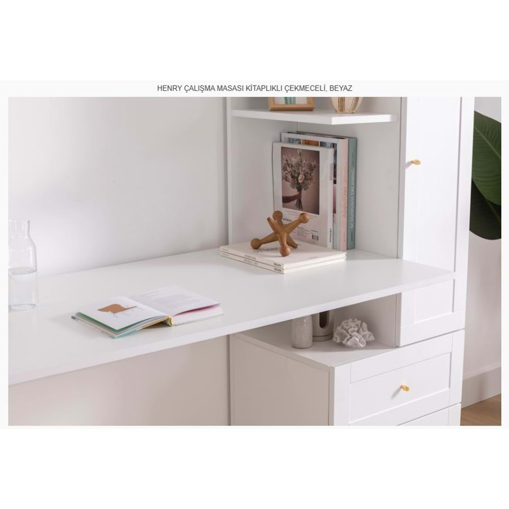 HENRY ÇALIŞMASI MASASI KİTAPLIKLI ÇEKMECELİ BEYAZ