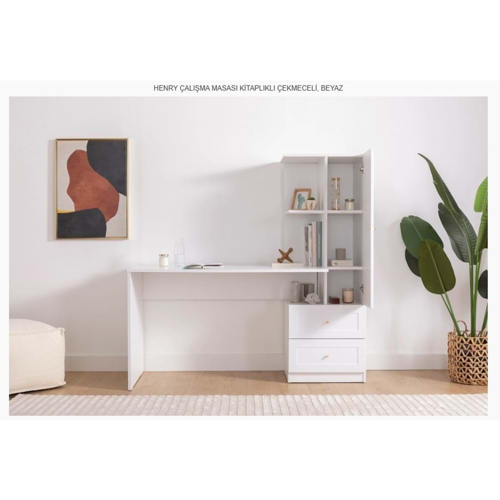 HENRY ÇALIŞMASI MASASI KİTAPLIKLI ÇEKMECELİ BEYAZ