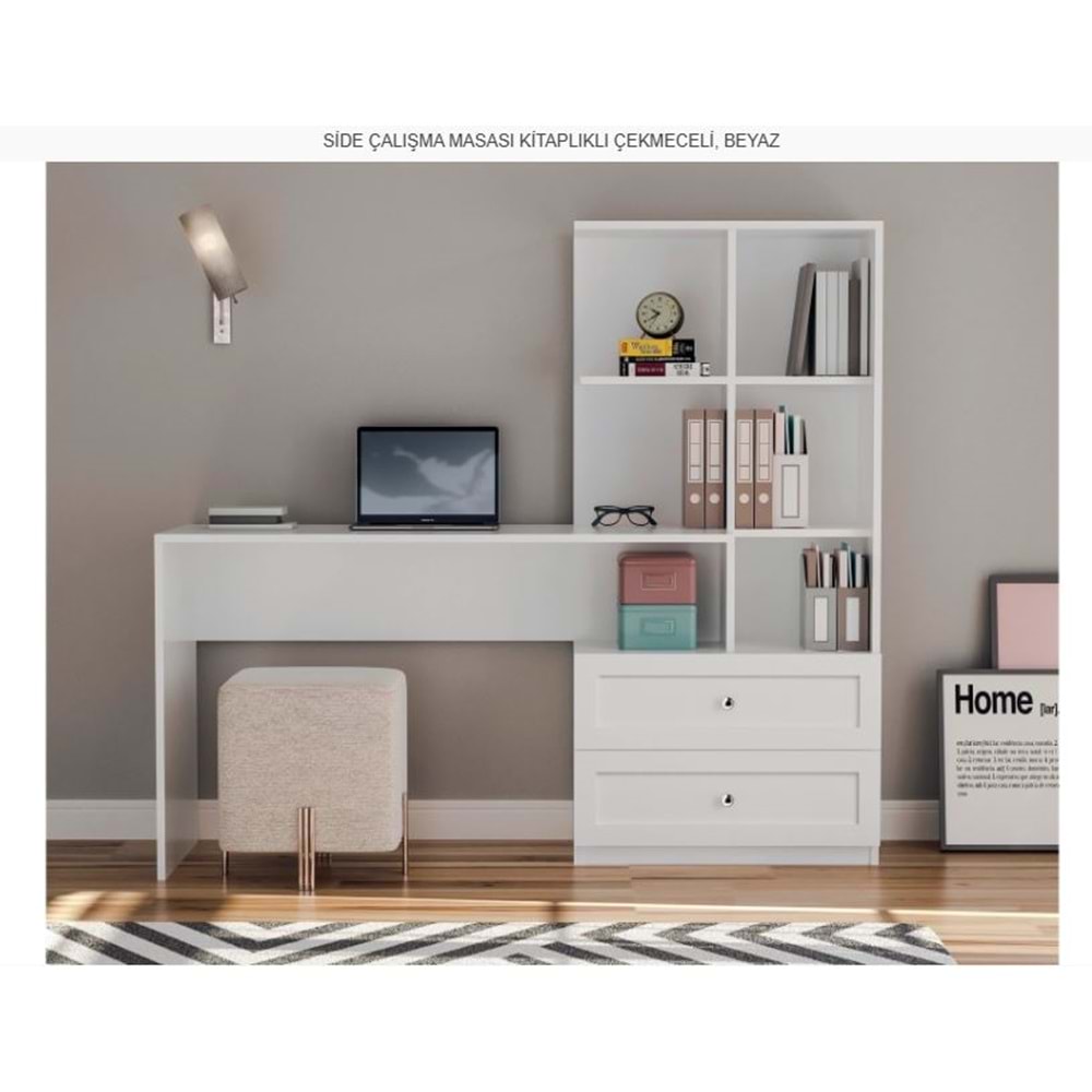 SİDE ÇALIŞMA MASASI KİTAPLIKLI ÇEKMECELİ BEYAZ