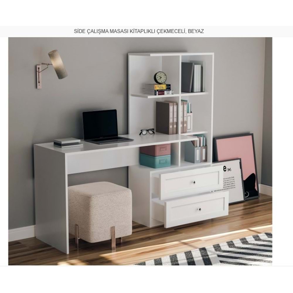 SİDE ÇALIŞMA MASASI KİTAPLIKLI ÇEKMECELİ BEYAZ