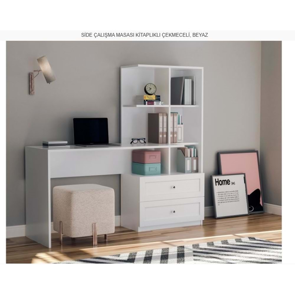 SİDE ÇALIŞMA MASASI KİTAPLIKLI ÇEKMECELİ BEYAZ