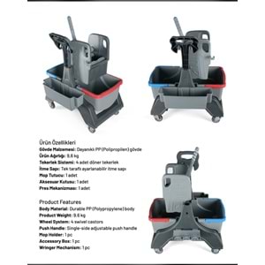 KALİTELİ KIRILMAZ TEMİZLİK ARABASI ÇİFT KOVALI TEM.SET. PLASTİK PRES PLASTİK GÖVDE