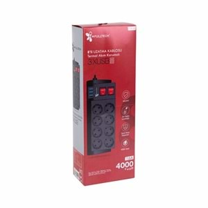 Fulltech Akım Korumalı Grup Priz Anahtarlı 2mt 16A 4000W (8 Priz 3XUSB ) FTR-08 2412