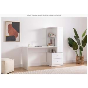 HENRY ÇALIŞMASI MASASI KİTAPLIKLI ÇEKMECELİ BEYAZ