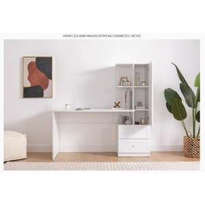 HENRY ÇALIŞMASI MASASI KİTAPLIKLI ÇEKMECELİ BEYAZ