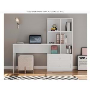 SİDE ÇALIŞMA MASASI KİTAPLIKLI ÇEKMECELİ BEYAZ