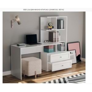 SİDE ÇALIŞMA MASASI KİTAPLIKLI ÇEKMECELİ BEYAZ