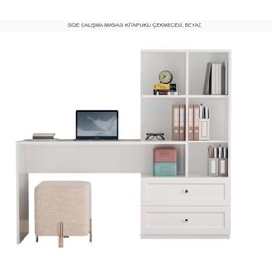 SİDE ÇALIŞMA MASASI KİTAPLIKLI ÇEKMECELİ BEYAZ