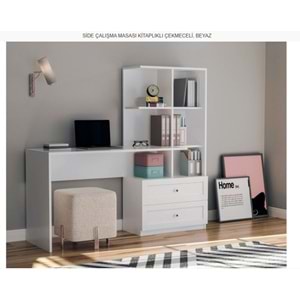 SİDE ÇALIŞMA MASASI KİTAPLIKLI ÇEKMECELİ BEYAZ