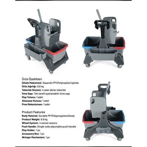 KALİTELİ KIRILMAZ TEMİZLİK ARABASI ÇİFT KOVALI TEM.SET. PLASTİK PRES PLASTİK GÖVDE