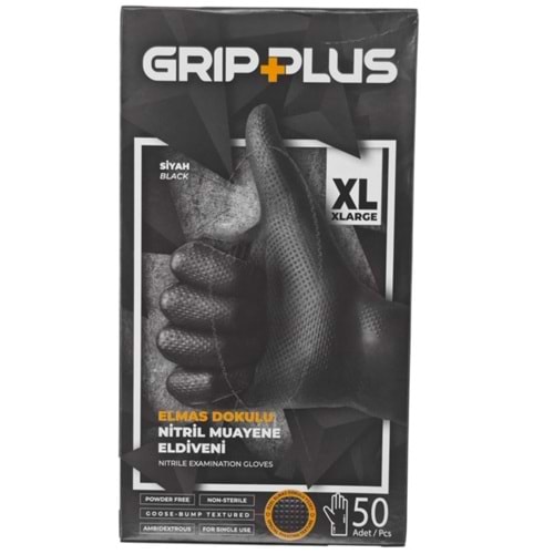 Grip Plus Elmas Dokulu nitril Muayene Eldiveni kalın siyah (XL) 50li