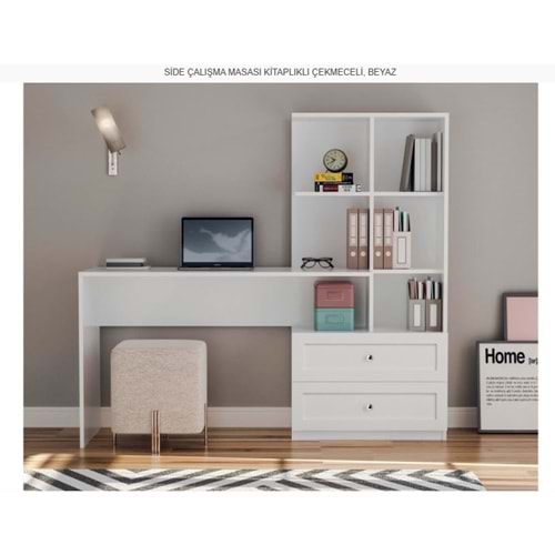 SİDE ÇALIŞMA MASASI KİTAPLIKLI ÇEKMECELİ BEYAZ